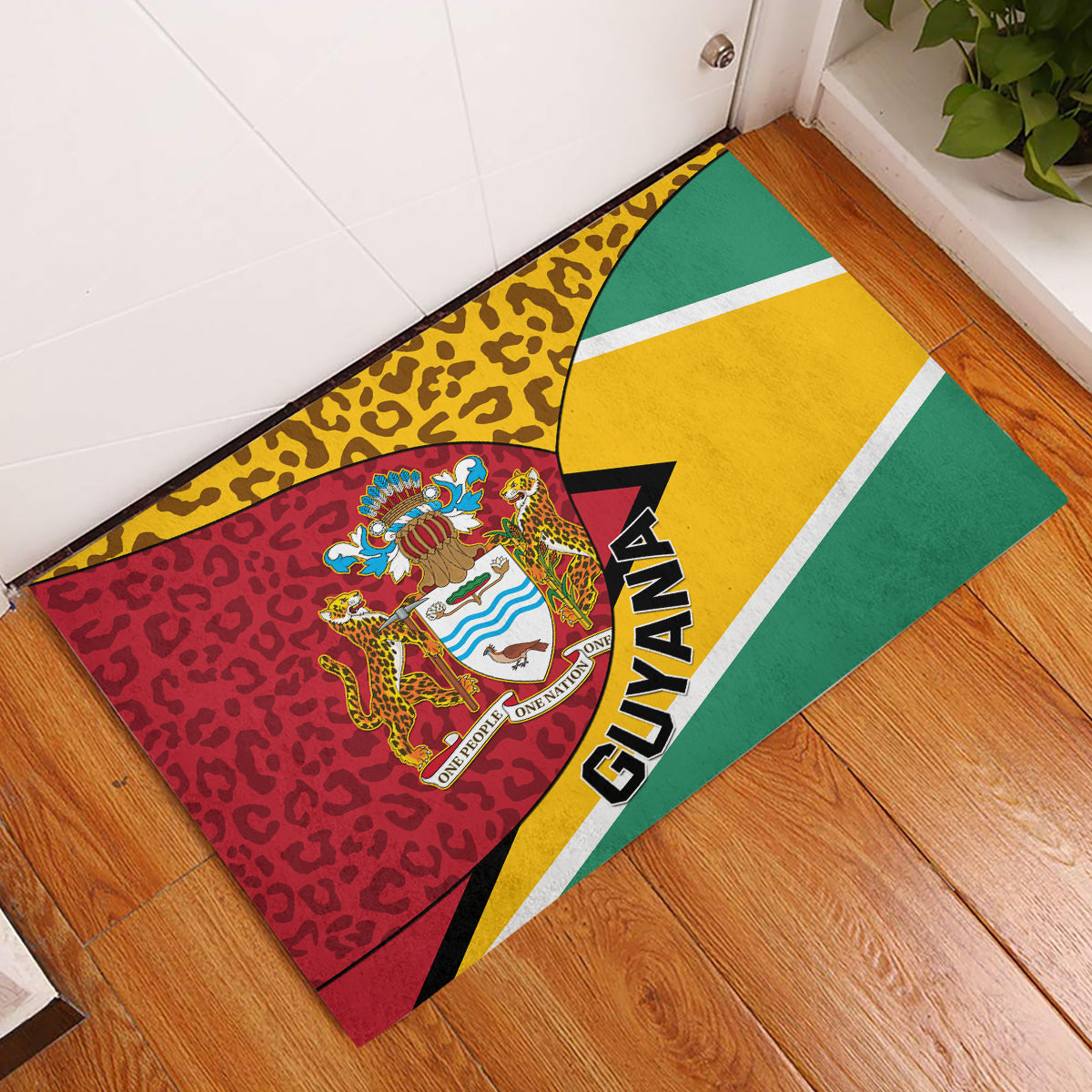 Guyana Republic Day Rubber Doormat Coat Of Arms Leopard Pattern - Wonder Print Shop