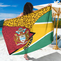Guyana sarong coat with leopard print, Guyana flag colors, and crest emblem