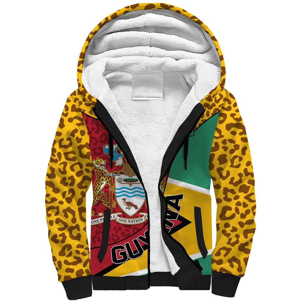 Guyana Republic Day Sherpa Hoodie Coat Of Arms Leopard Pattern - Wonder Print Shop