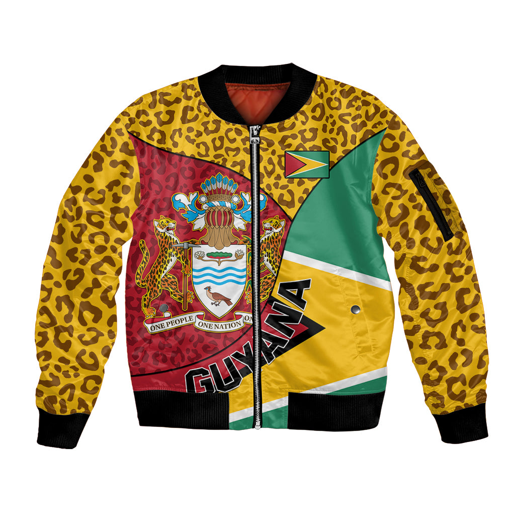 Guyana Republic Day Sleeve Zip Bomber Jacket Coat Of Arms Leopard Pattern - Wonder Print Shop