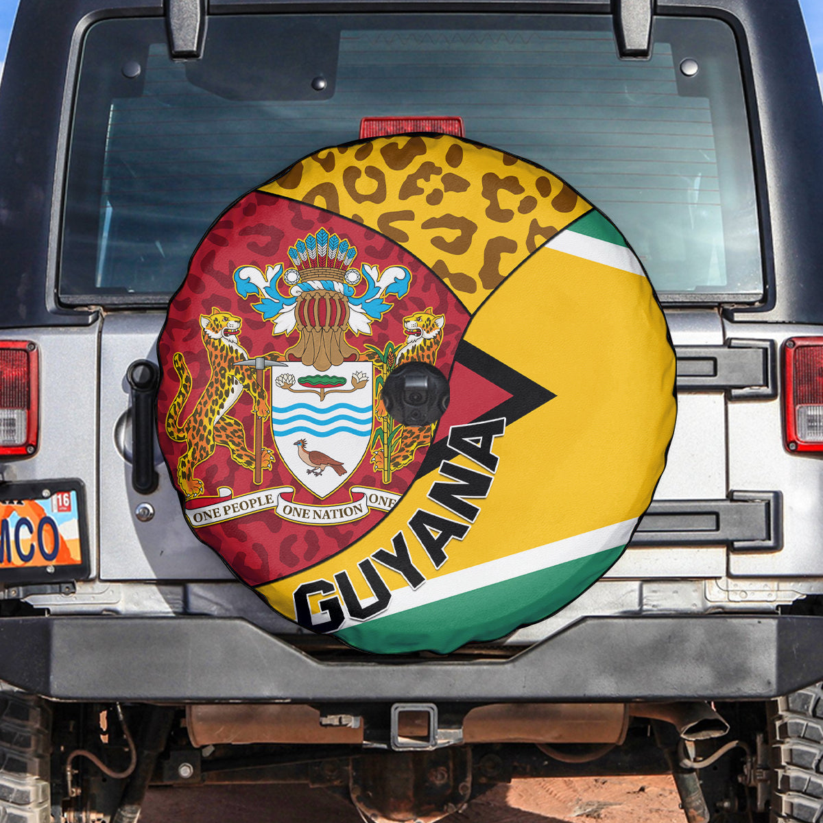 Guyana Republic Day Spare Tire Cover Coat Of Arms Leopard Pattern - Wonder Print Shop