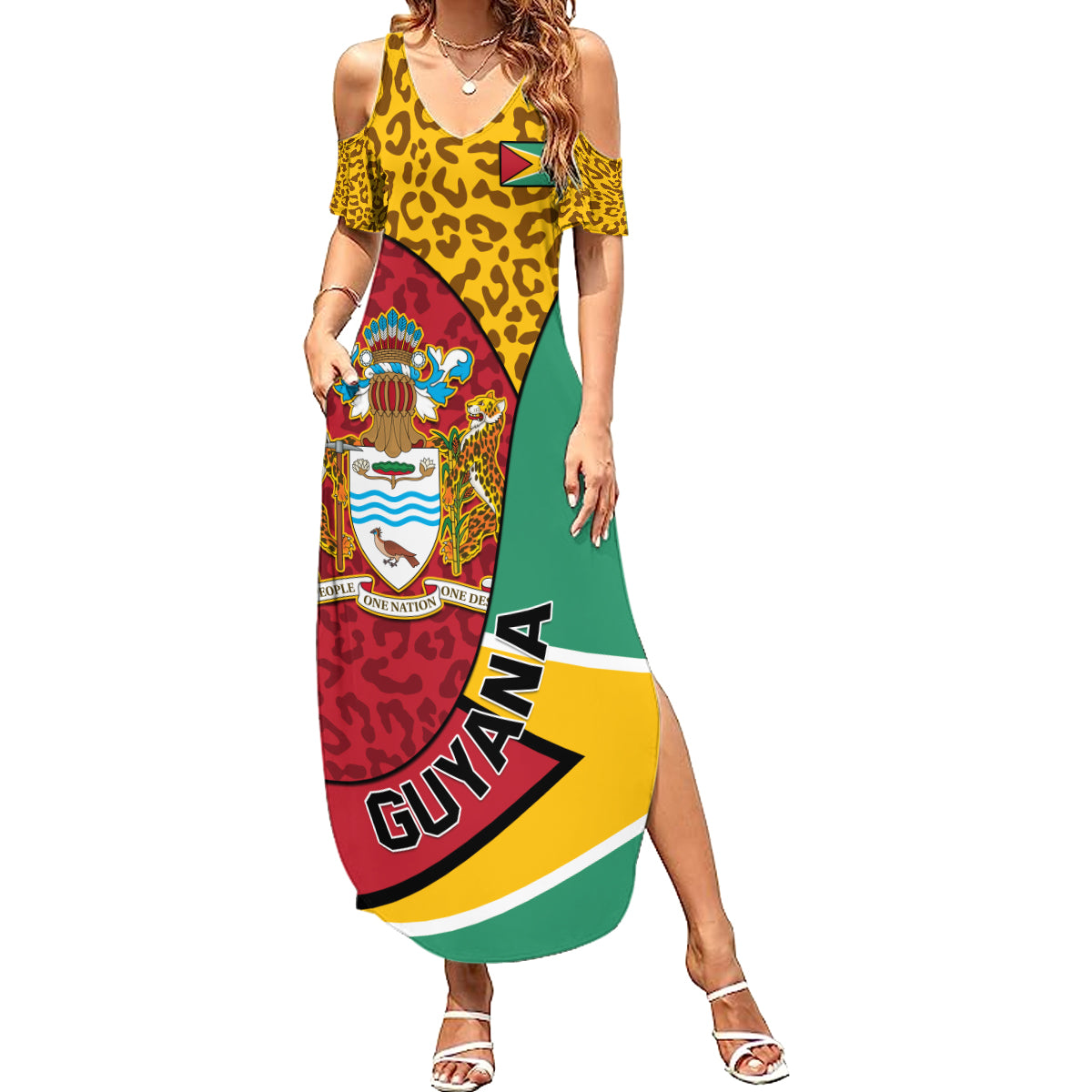 Guyana Republic Day Summer Maxi Dress Coat Of Arms Leopard Pattern - Wonder Print Shop