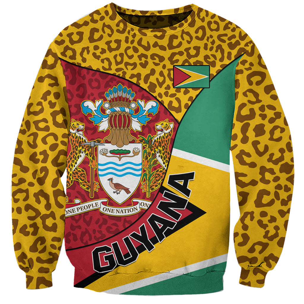 Unisex sweatshirt with leopard print and Guyana coat of arms graphic, long sleeves