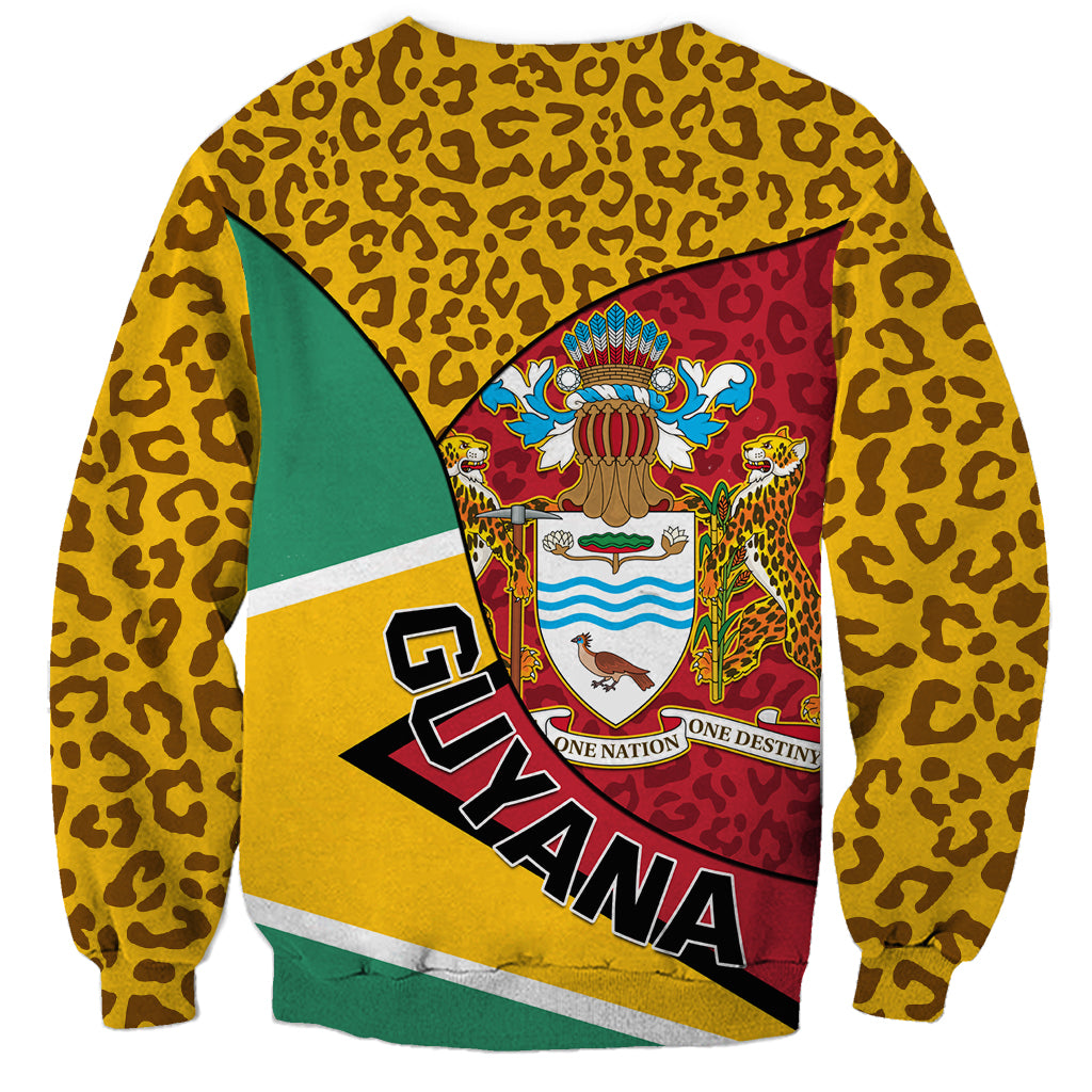 Unisex sweatshirt with leopard print and Guyana emblem, Guyana text on back, long sleeves