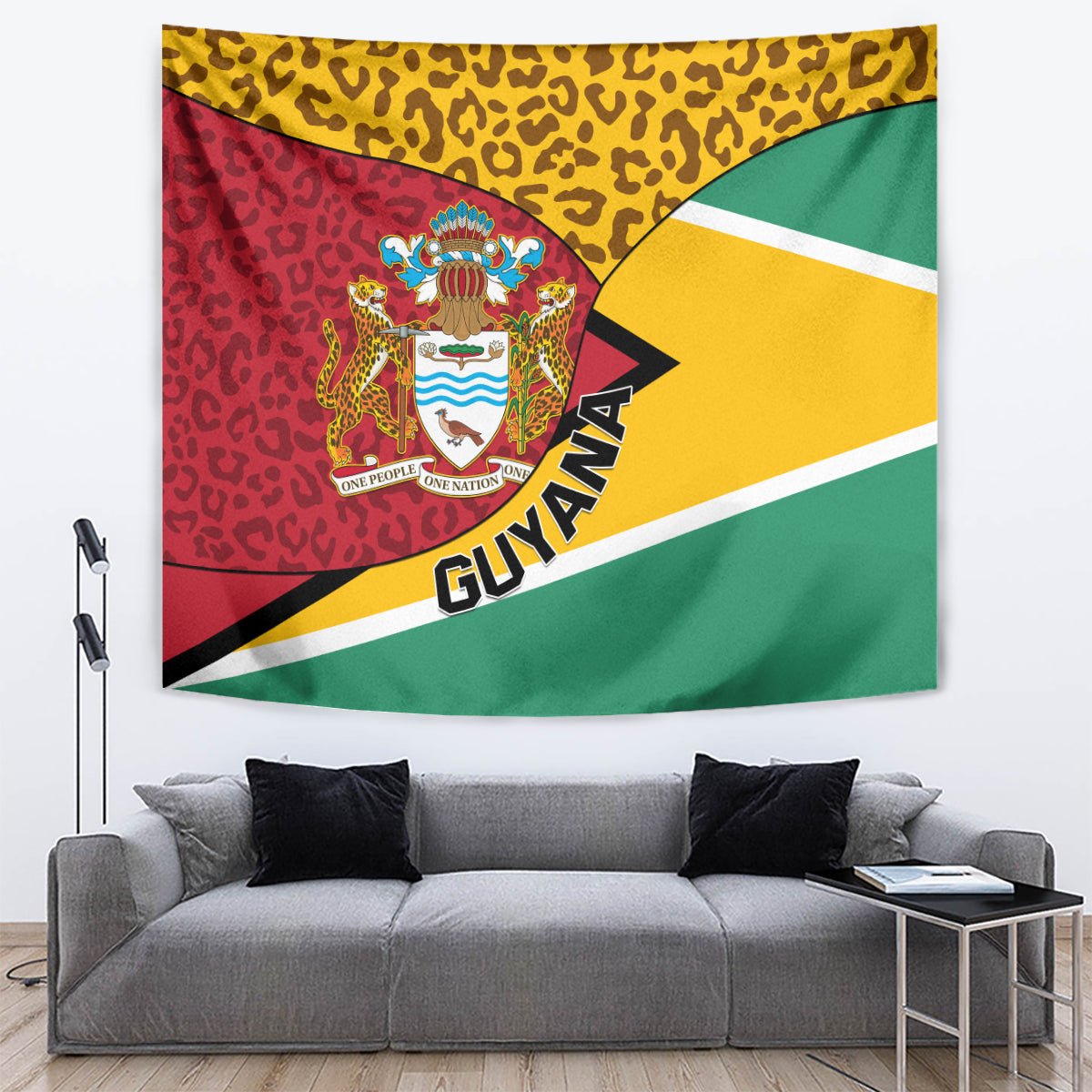Wall tapestry with Guyana coat of arms, leopard pattern, red yellow green