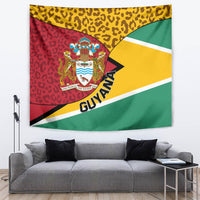 Wall tapestry with Guyana coat of arms, leopard pattern, red yellow green