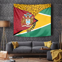 Square wall tapestry showing Guyana coat of arms and leopard pattern in red, green, yellow