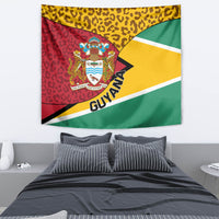 Wall tapestry featuring the Guyana coat of arms crest with a leopard pattern in red, green, yellow