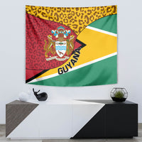 Wall tapestry with Guyana coat of arms and leopard motif in red, yellow, green with diagonals