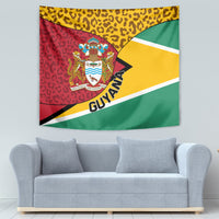 Wall tapestry with Guyana coat of arms crest and leopard pattern in red, yellow, green