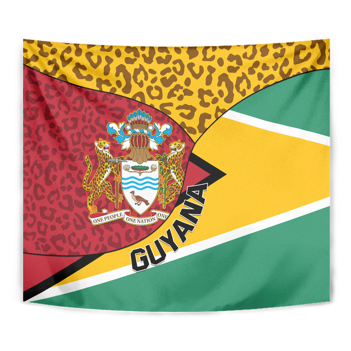 Wall tapestry close-up of Guyana coat of arms crest over leopard pattern in red, yellow, green