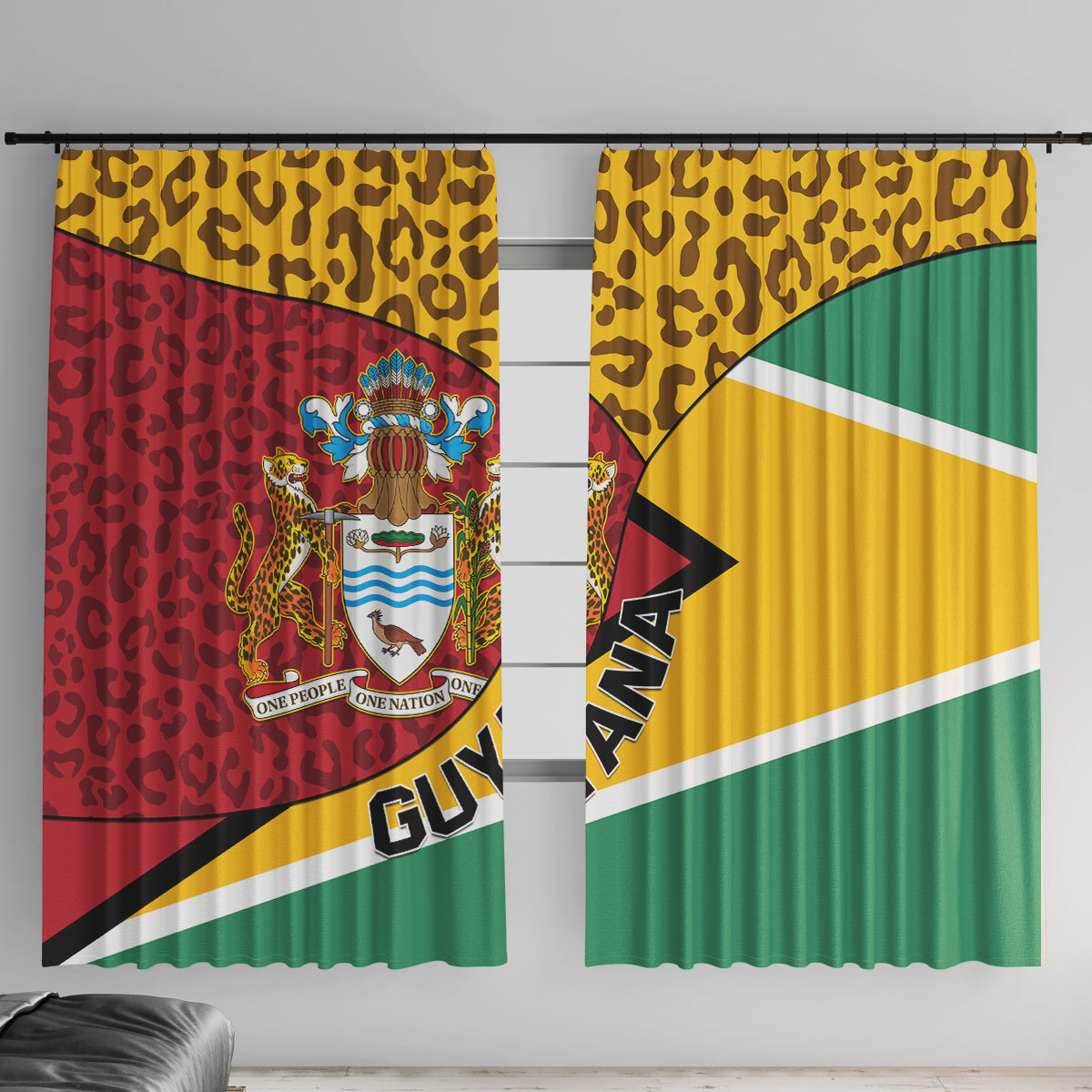 Guyana Republic Day Window Curtain Coat Of Arms Leopard Pattern - Wonder Print Shop