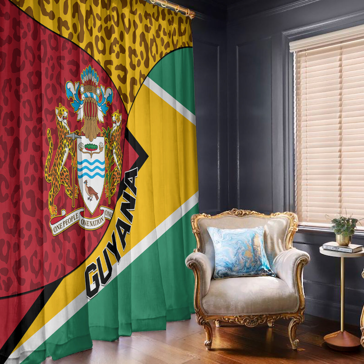 Guyana window curtain panel with leopard print top and coat of arms motif in flag colors