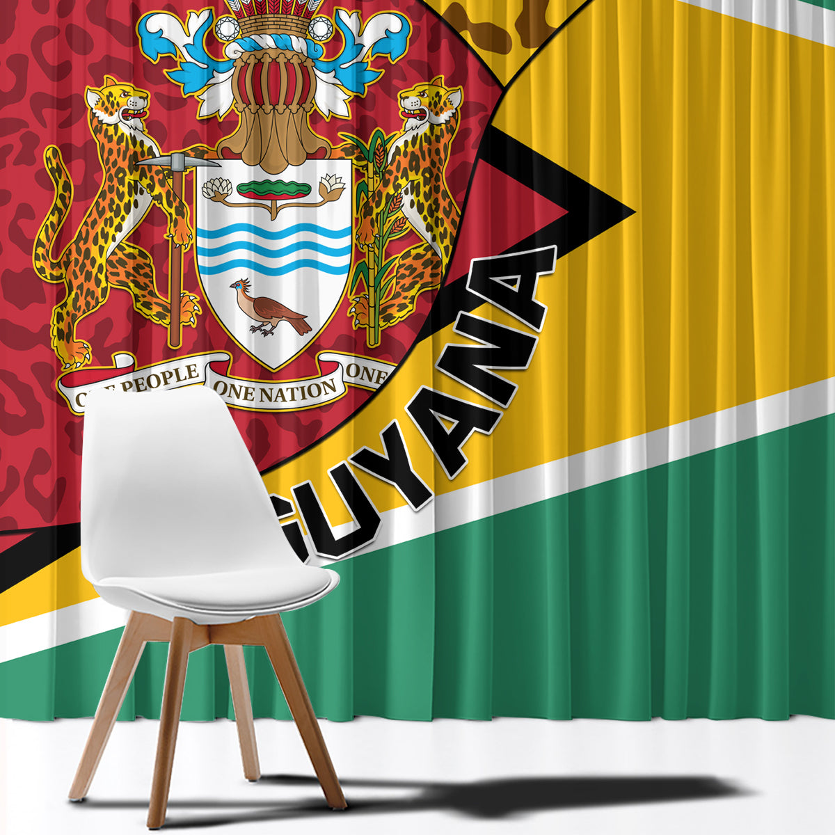 Guyana leopard pattern curtain with coat of arms crest and diagonal flag stripe design