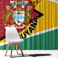 Guyana leopard pattern curtain with coat of arms crest and diagonal flag stripe design