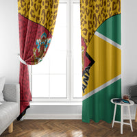 Guyana flag themed window curtain in red, green, and yellow with leopard pattern top