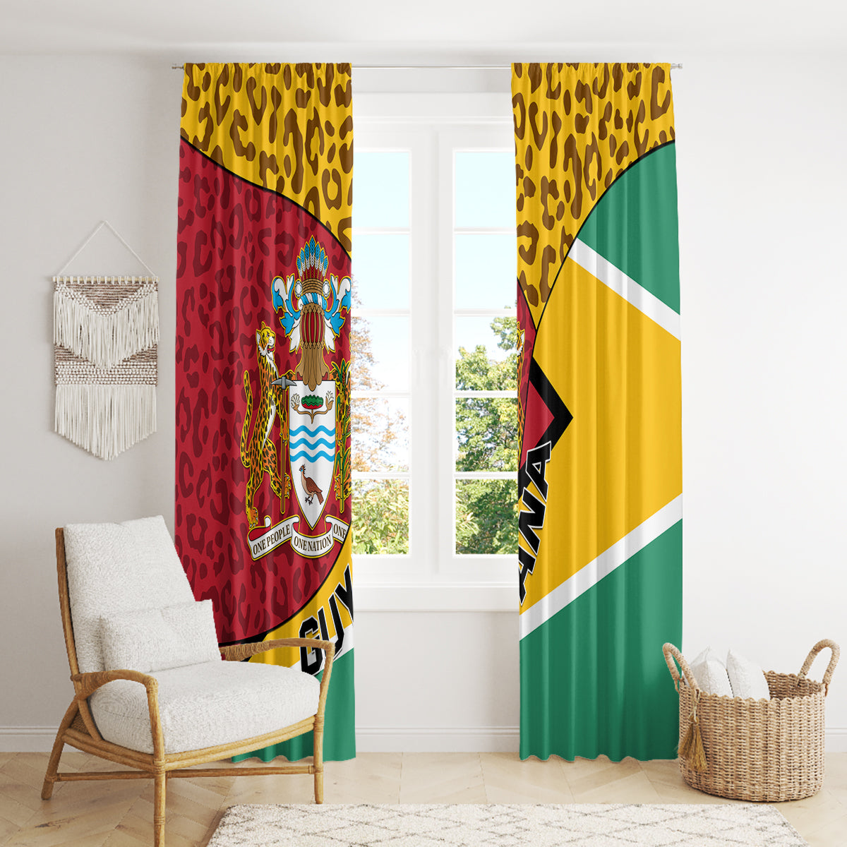 Guyana window curtain with leopard pattern, coat of arms crest, and bold diagonal stripes