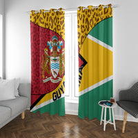 Guyana flag window curtains with coat of arms center, leopard pattern, and diagonal stripe accents