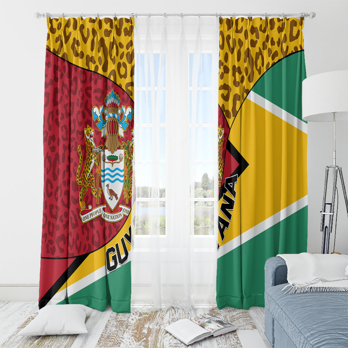 Guyana window curtain set with leopard pattern panels and coat of arms crest in flag colors