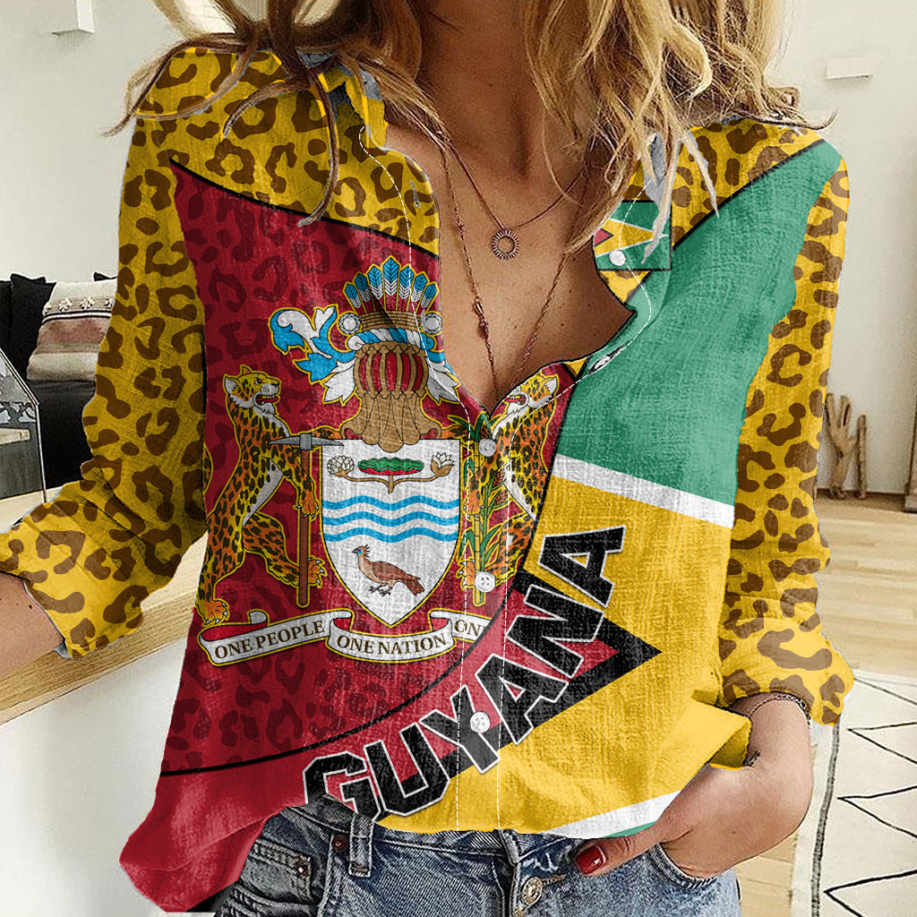 Guyana Republic Day Women Casual Shirt Coat Of Arms Leopard Pattern - Wonder Print Shop