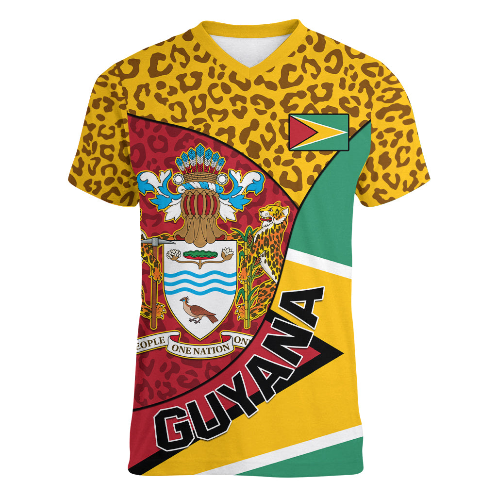 Guyana Republic Day Women V Neck T Shirt Coat Of Arms Leopard Pattern - Wonder Print Shop