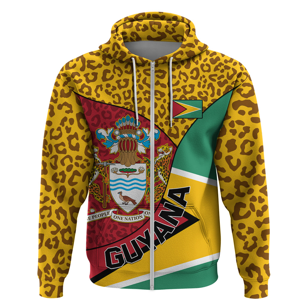 Yellow leopard-print zip hoodie coat with Guyana flag crest on front, full sleeves.