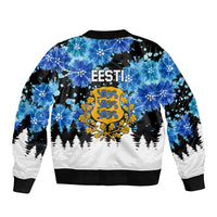 Unisex bomber jacket with EESTI text, Estonian crest, blue floral fireworks and trees