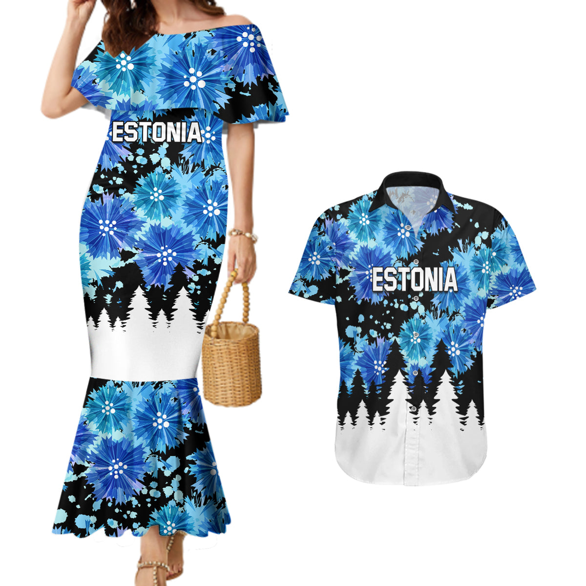 Estonia Independence Day Couples Matching Mermaid Dress and Hawaiian Shirt Cornflower Unique Style - Wonder Print Shop