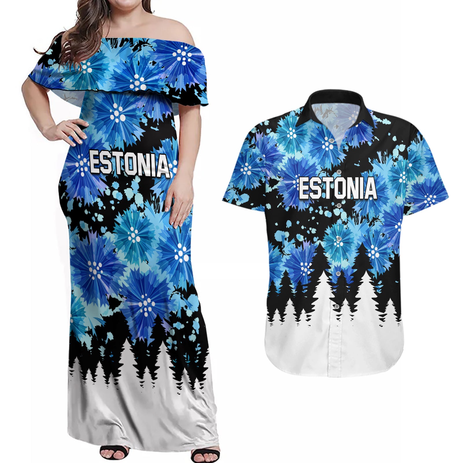 Estonia Independence Day Couples Matching Off Shoulder Maxi Dress and Hawaiian Shirt Cornflower Unique Style - Wonder Print Shop