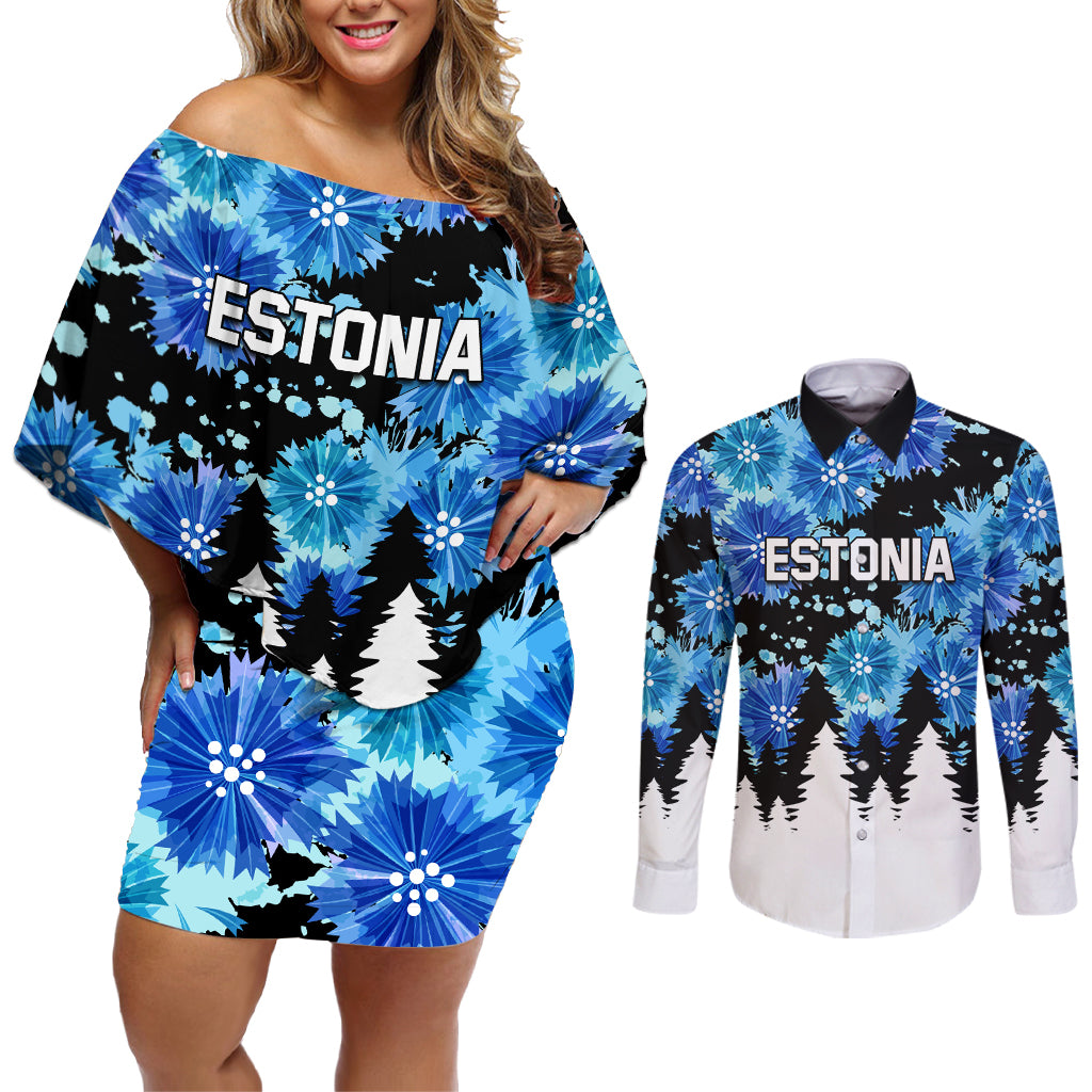 Estonia Independence Day Couples Matching Off Shoulder Short Dress and Long Sleeve Button Shirt Cornflower Unique Style - Wonder Print Shop