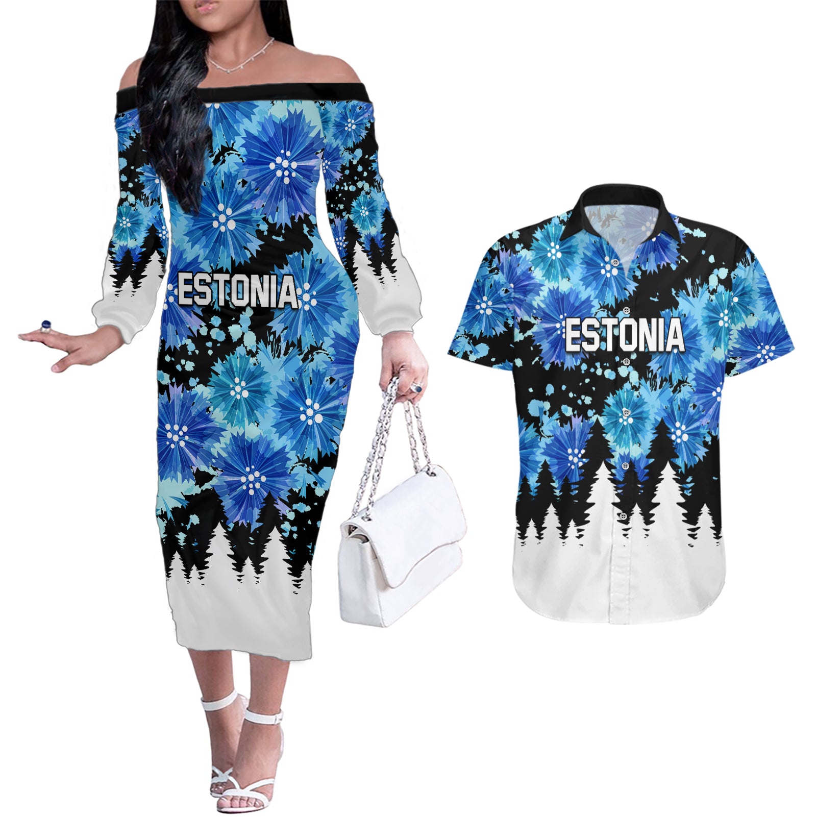 Estonia Independence Day Couples Matching Off The Shoulder Long Sleeve Dress and Hawaiian Shirt Cornflower Unique Style - Wonder Print Shop