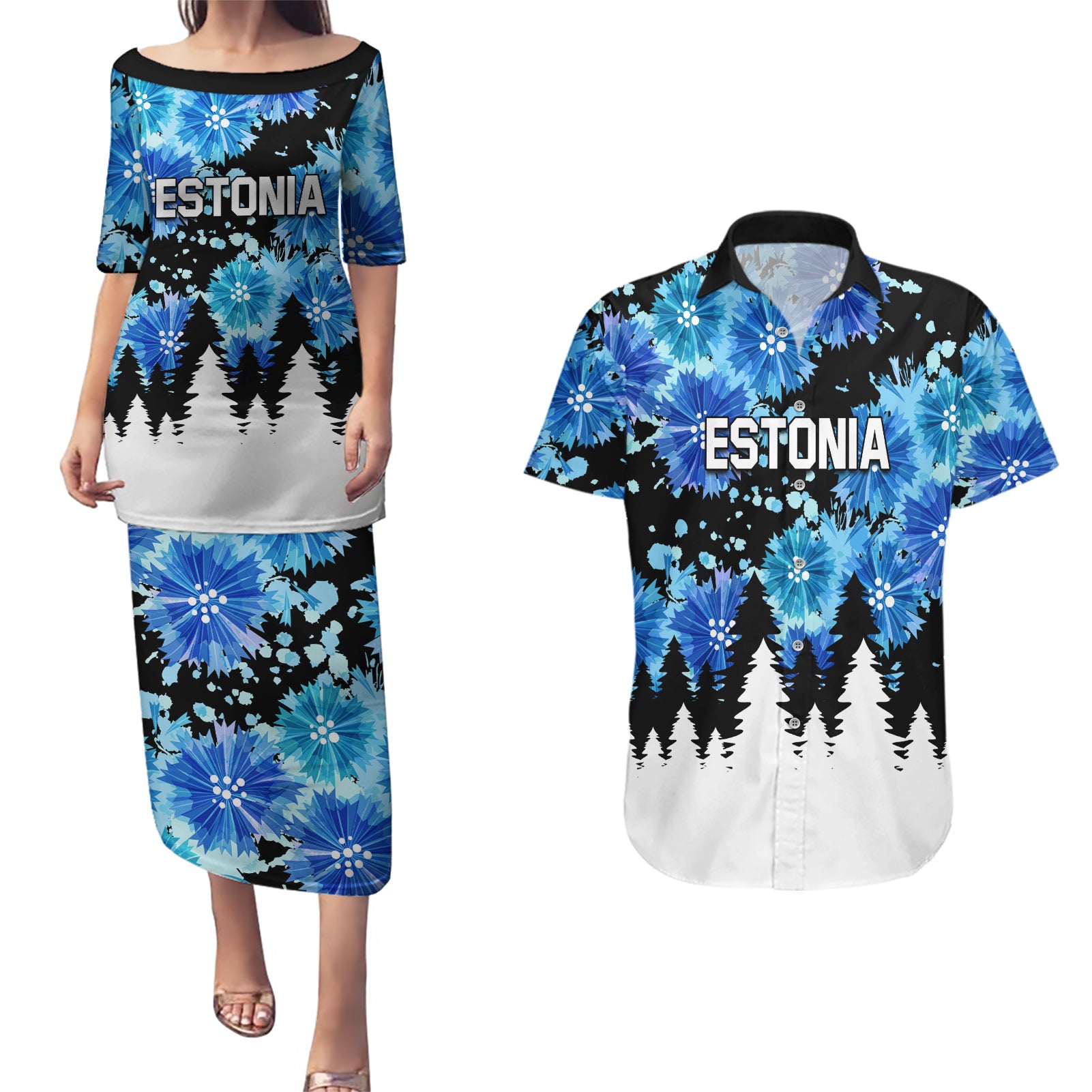 Estonia Independence Day Couples Matching Puletasi and Hawaiian Shirt Cornflower Unique Style - Wonder Print Shop