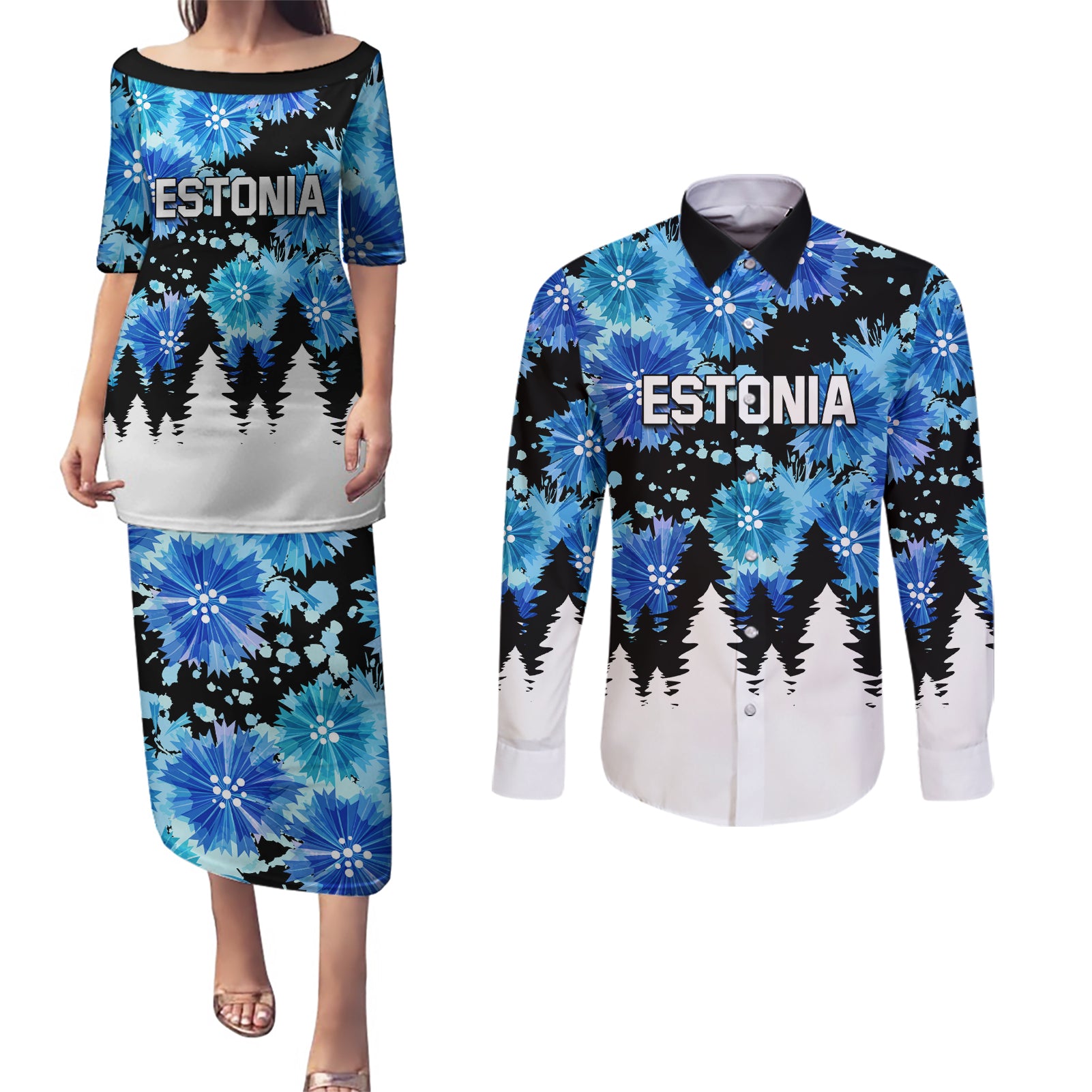 Estonia Independence Day Couples Matching Puletasi and Long Sleeve Button Shirt Cornflower Unique Style - Wonder Print Shop