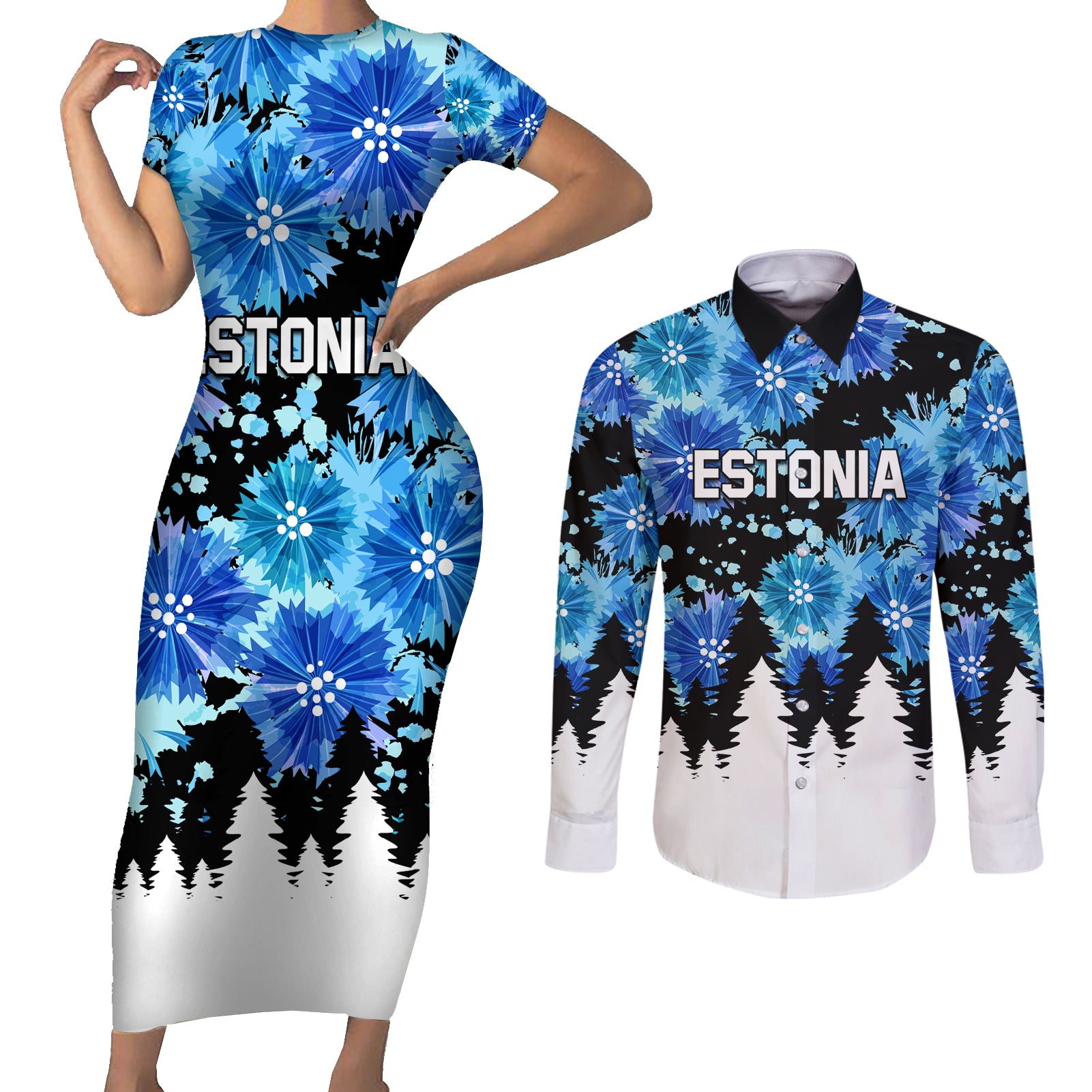 Estonia Independence Day Couples Matching Short Sleeve Bodycon Dress and Long Sleeve Button Shirt Cornflower Unique Style - Wonder Print Shop