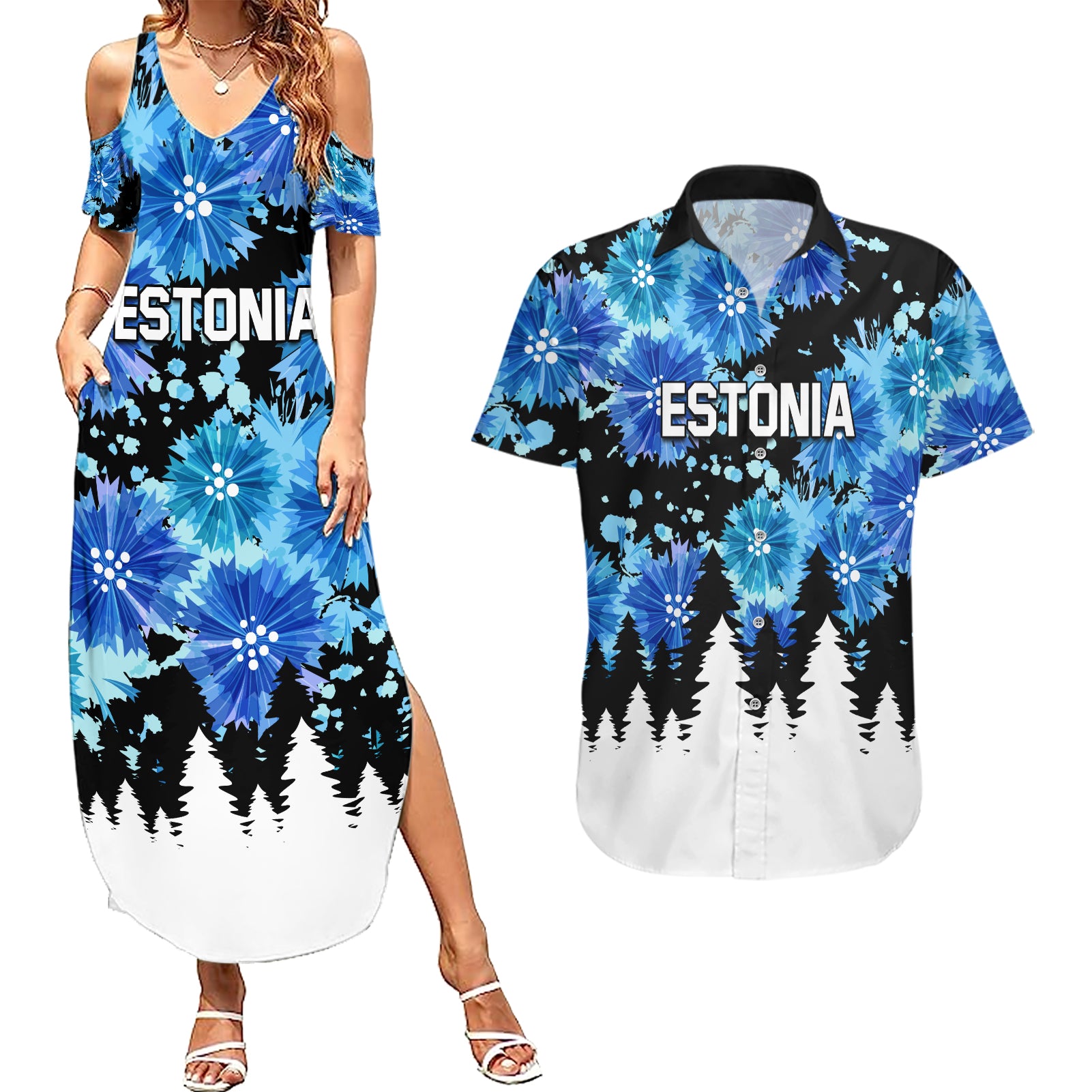 Estonia Independence Day Couples Matching Summer Maxi Dress and Hawaiian Shirt Cornflower Unique Style - Wonder Print Shop