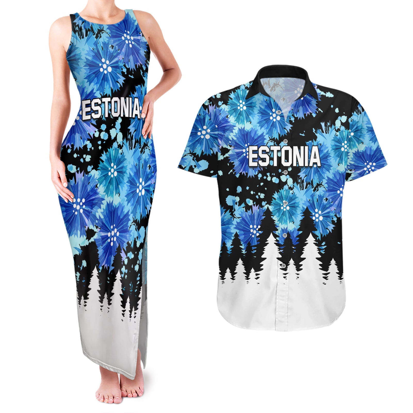 Estonia Independence Day Couples Matching Tank Maxi Dress and Hawaiian Shirt Cornflower Unique Style - Wonder Print Shop