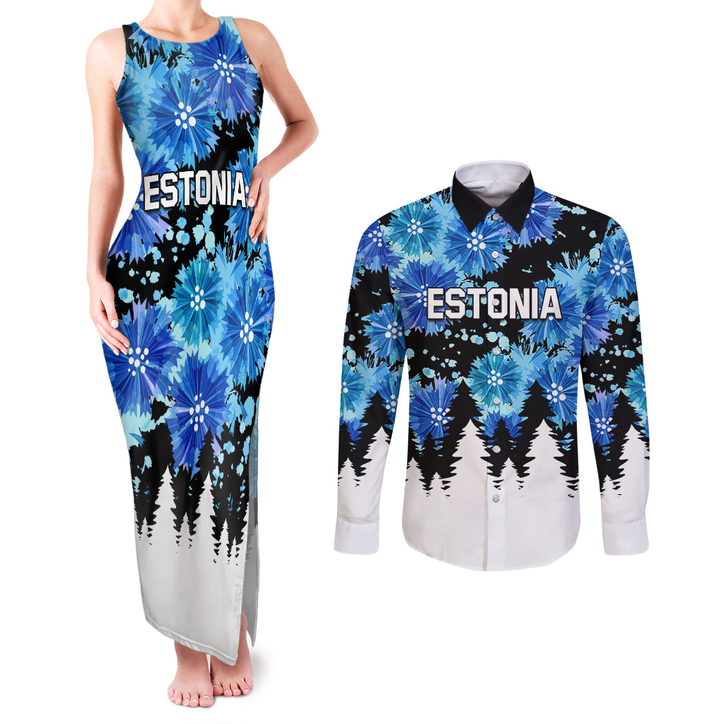 Estonia Independence Day Couples Matching Tank Maxi Dress and Long Sleeve Button Shirt Cornflower Unique Style - Wonder Print Shop