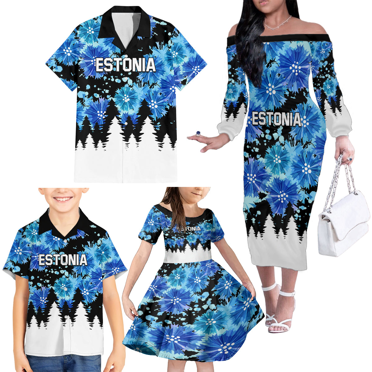 Estonia Independence Day Family Matching Off Shoulder Long Sleeve Dress and Hawaiian Shirt Cornflower Unique Style - Wonder Print Shop