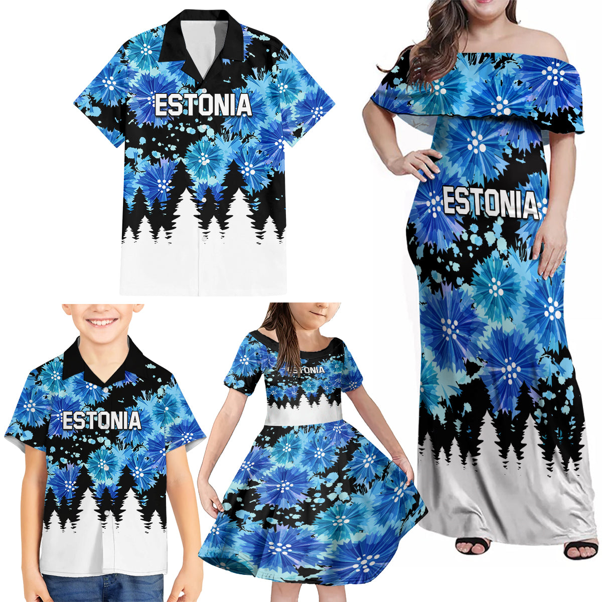 Estonia Independence Day Family Matching Off Shoulder Maxi Dress and Hawaiian Shirt Cornflower Unique Style - Wonder Print Shop