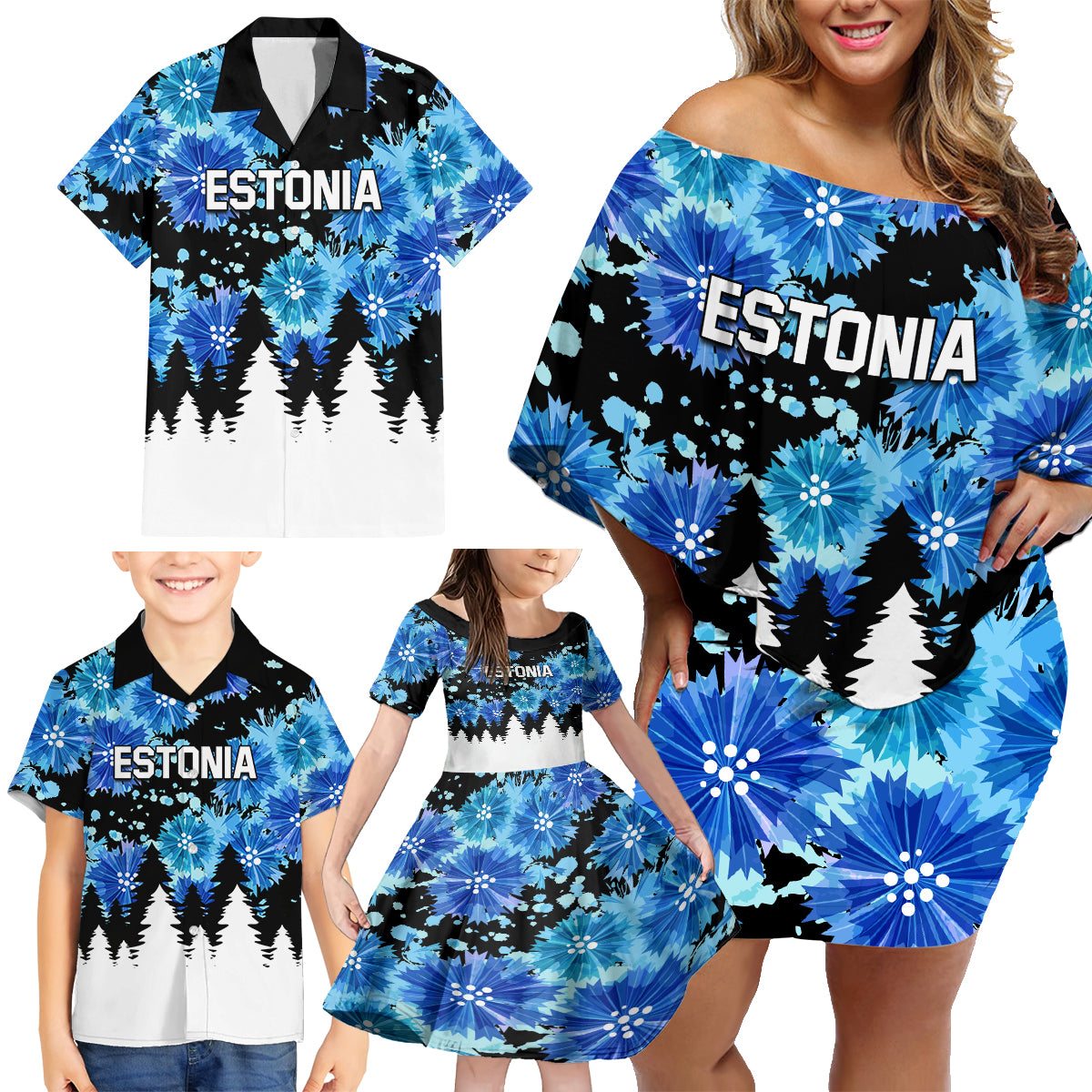 Estonia Independence Day Family Matching Off Shoulder Short Dress and Hawaiian Shirt Cornflower Unique Style - Wonder Print Shop