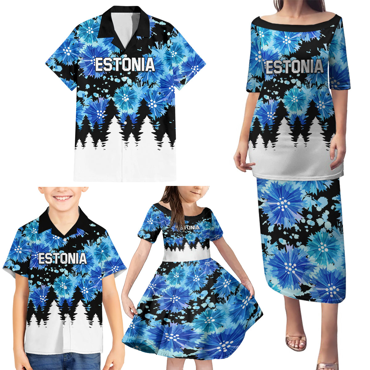 Estonia Independence Day Family Matching Puletasi and Hawaiian Shirt Cornflower Unique Style - Wonder Print Shop