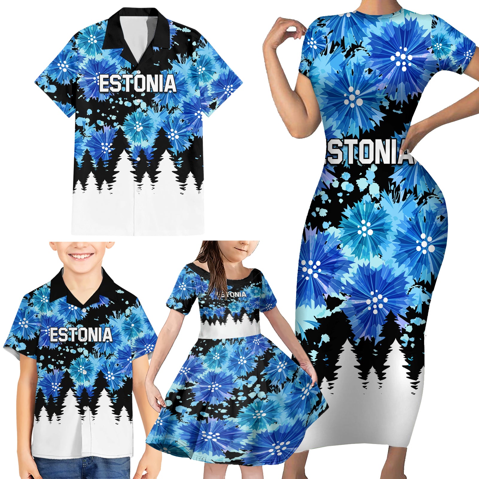 Estonia Independence Day Family Matching Short Sleeve Bodycon Dress and Hawaiian Shirt Cornflower Unique Style - Wonder Print Shop