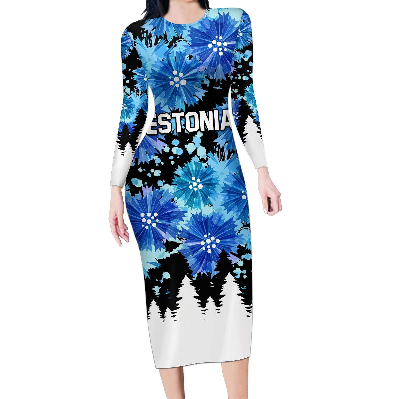 Estonia Independence Day Long Sleeve Bodycon Dress Cornflower Unique Style - Wonder Print Shop