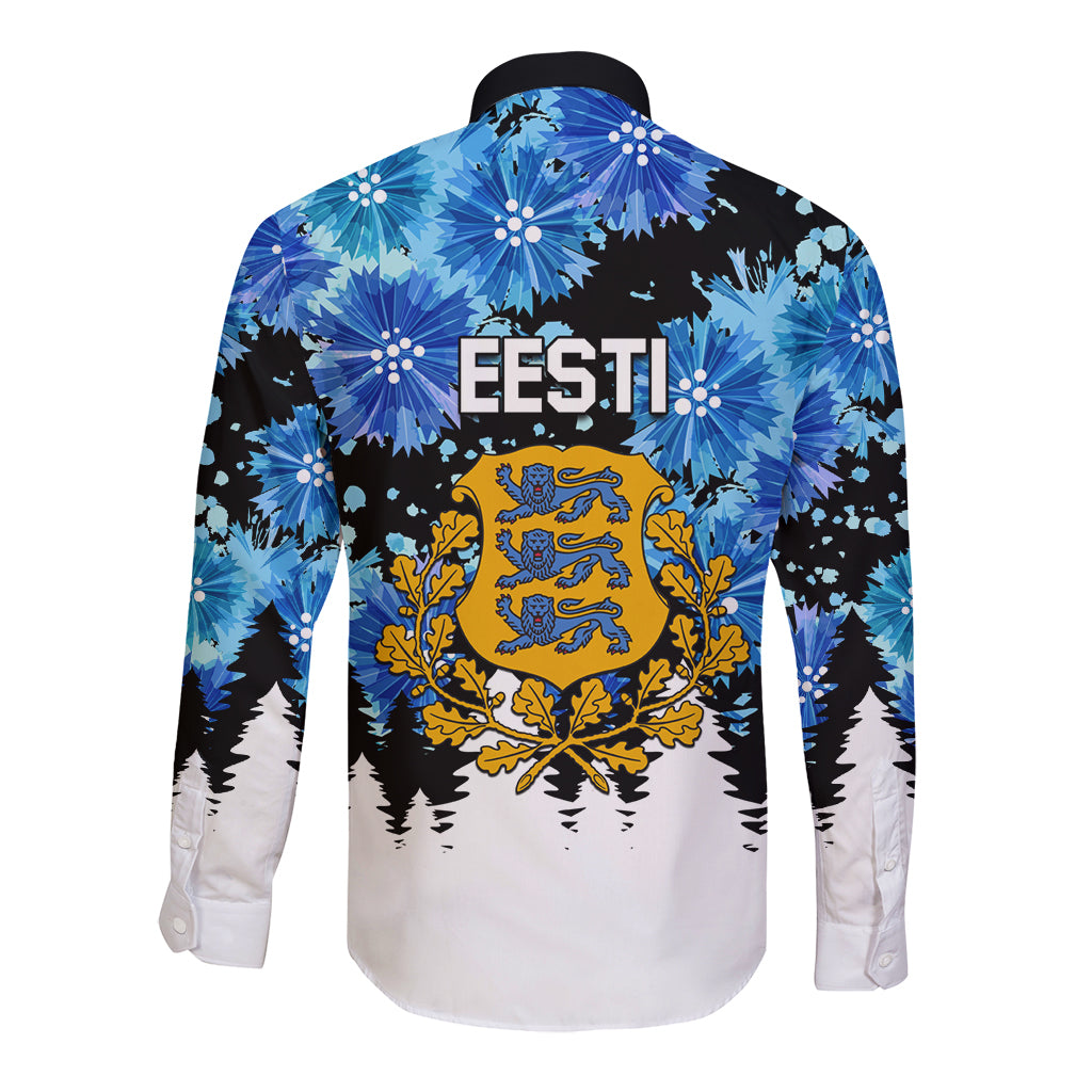 Long sleeve button shirt, back crest and EESTI text with blue floral and forest print