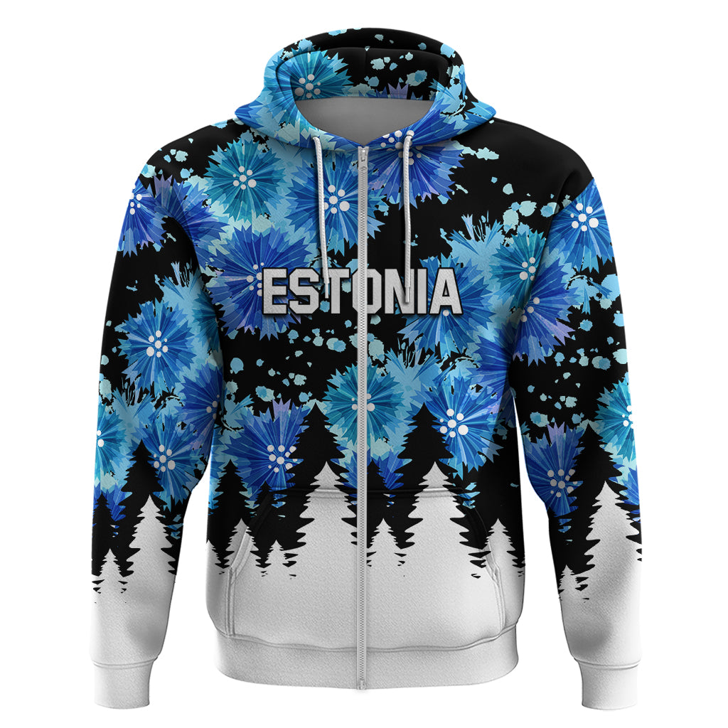 Zip hoodie with all-over blue flower and forest pattern, front zip, ESTONIA print