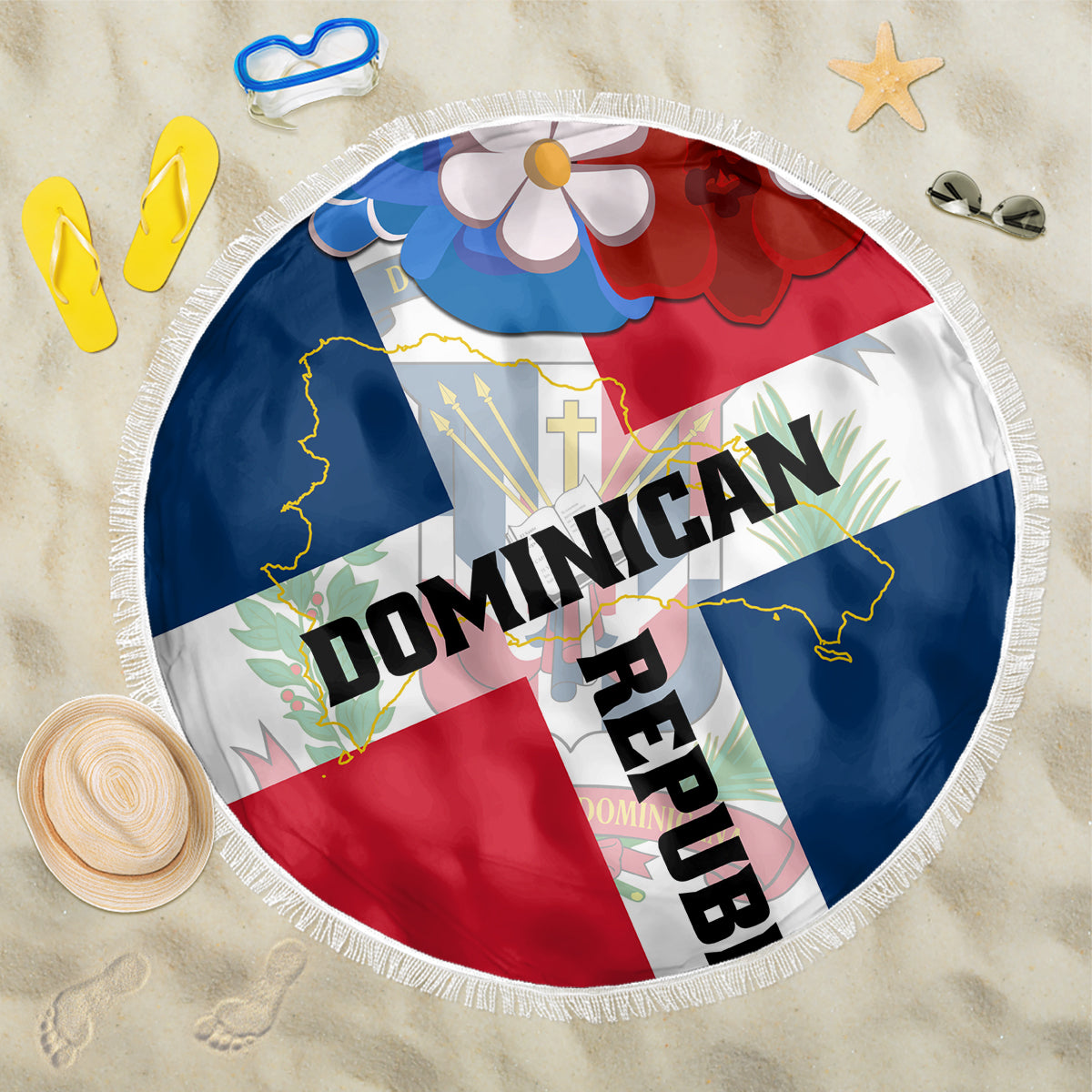Round beach blanket with white fringe, Dominican Republic flag-style coat of arms