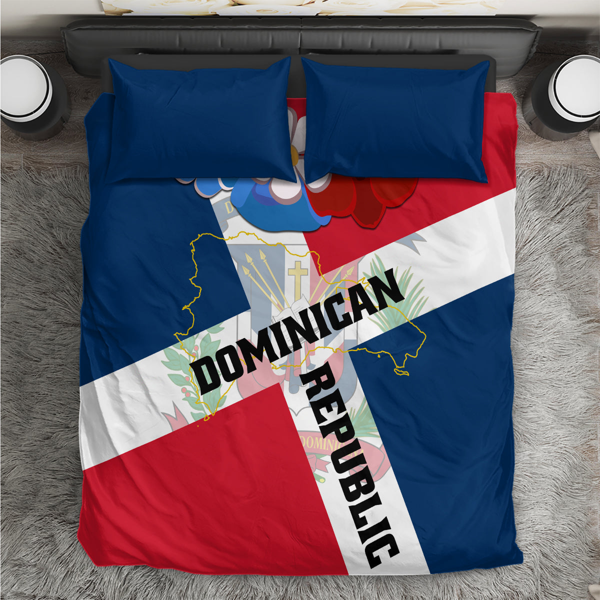 Flag-style bedding set with blue, red, and white duvet cover and two pillow shams
