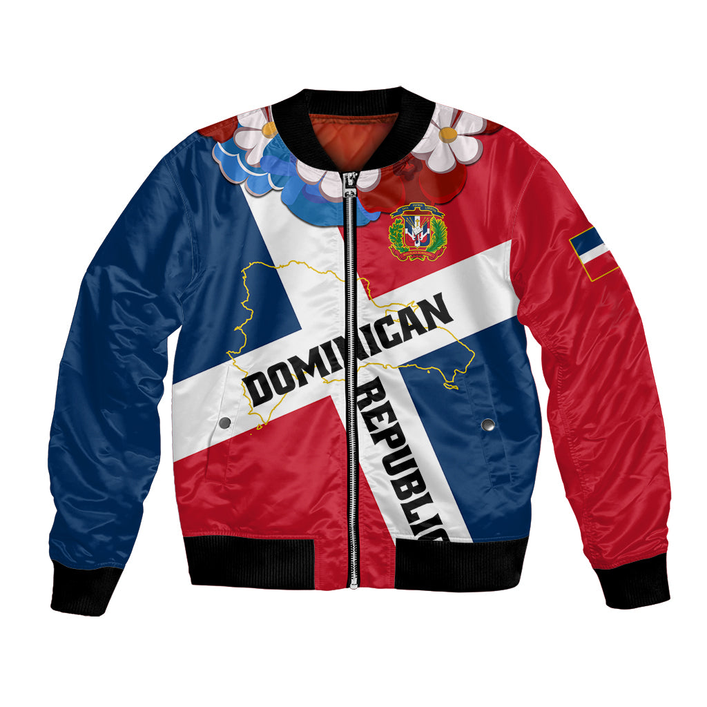 Color-block bomber jacket with Dominican flag print, crest emblem, ribbed cuffs.