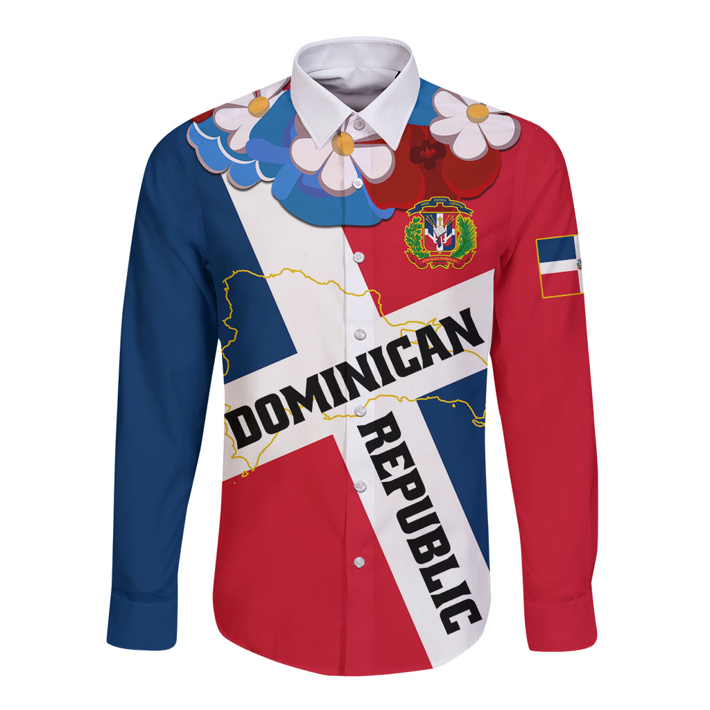 Long-sleeve button shirt in Dominican flag colors, crest and bold text on front