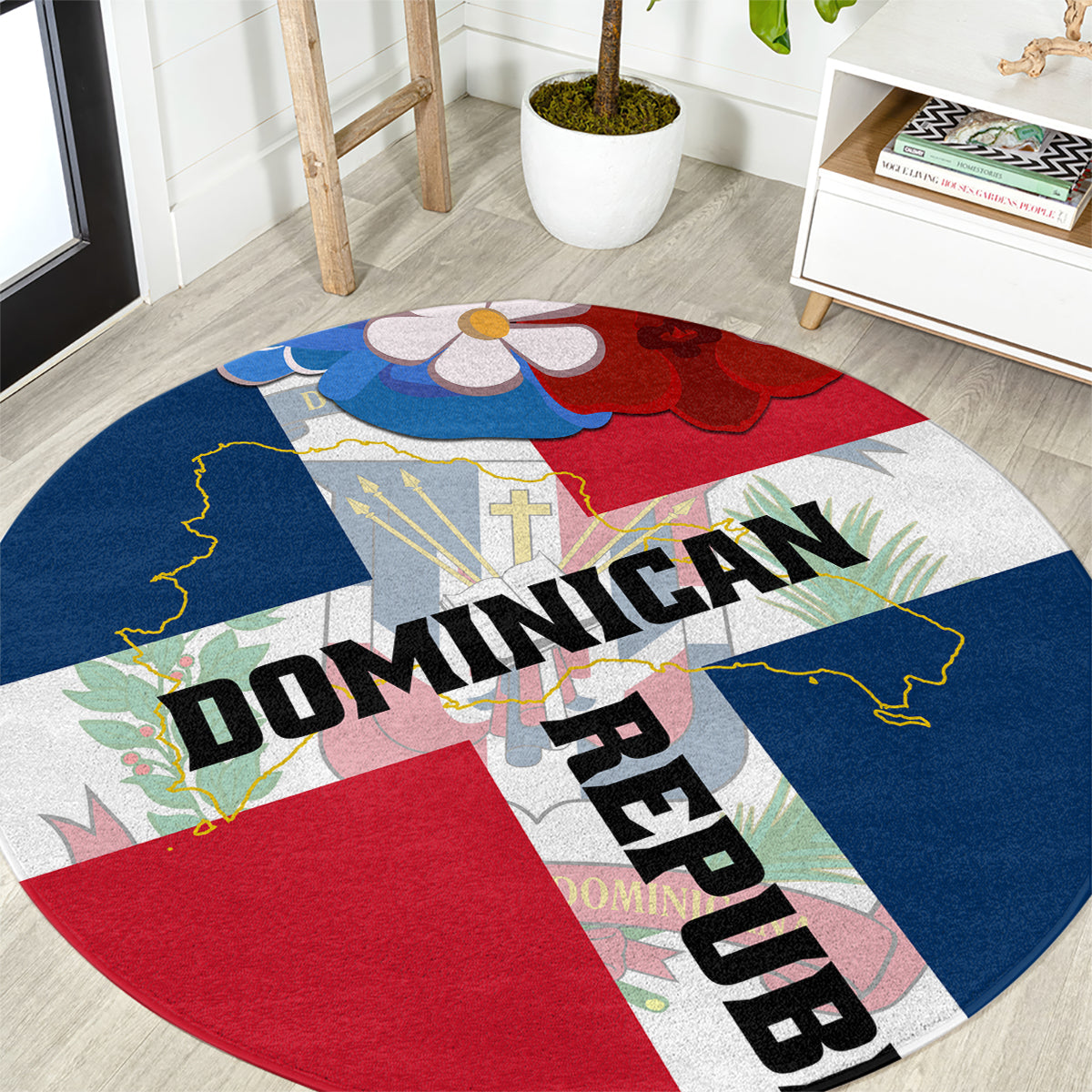 Round carpet featuring Dominican Republic flag design with crest and DR text